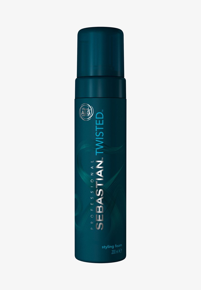 Canette aérosol turquoise pour mousse coiffante, 200 ml. Présente des graphiques arrondis, un logo et le nom du produit en lettres blanches en gras sur un fond sombre.