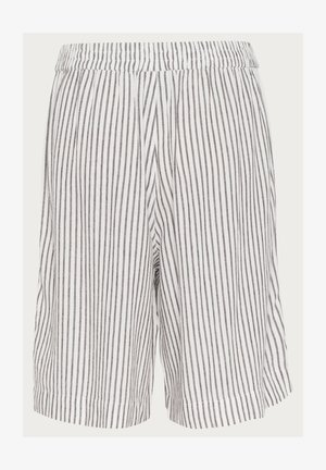 Pantaloni corti a righe con vita elasticizzata, realizzati in tessuto leggero. Presentano righe verticali bianche e grigie e un design a vestibilità ampia.