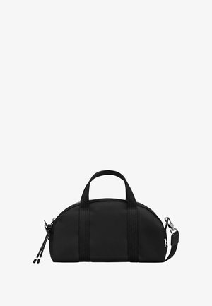 Black semi-circular duffel bag with dual handles, adjustable shoulder strap, and zippered closure with two pull cords.