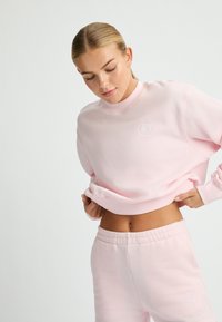 Felpa rosa chiaro con scollatura rotonda, spalle scese e polsini a costine. Presenta un logo ricamato discreto sul petto.