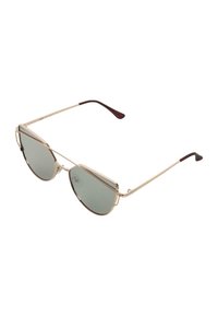 Ochelari de soare aviator din metal cu lentile verzi, având un cadru subțire din aur și brațe ale templelor cu vârfuri maro. Design unghiular cu finisaj reflectorizant.