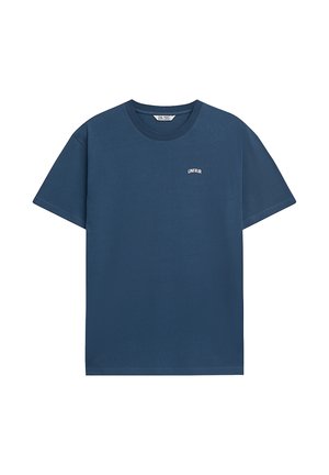Navy blue cotton t-shirt with short sleeves, round neck, and a small white "UNFAIR" logo on the front. Smooth texture, relaxed fit.
