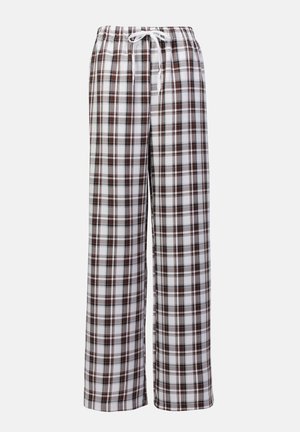 Šaha raksta pidžamu bikses ir izgatavotas no baltas, brūnas un melnas krāsas, ar elastīgu jostasvietu un regulējamu saistvadu ērtībai un pielāgošanai.