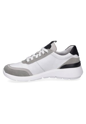White and gray sneaker made of leather and suede, featuring a contrasting black accent, lace-up closure, and textured sole.