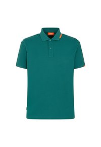 Maglietta polo verde acqua con colletto classico, apertura a due bottoni, maniche corte e un accento arancione sulla spalla. Tessuto liscio e strutturato.