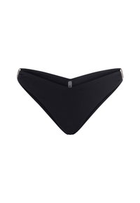 Black bikini bottom with a V-shaped front design. Features smooth fabric and subtle gold accents at the sides. Simple, contemporary style.