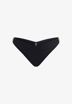 Zwarte bikini onderkant met een V-vormig voorontwerp. Heeft een gladde stof en subtiele gouden accenten aan de zijkanten. Eenvoudige, hedendaagse stijl.