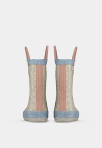 Waterproof rubber boots with a flower pattern, beige and pastel colors, pink straps, blue trim, and a textured sole for grip.