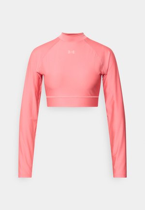 Langere mouw, cropped sporttop in levendig koraal. Voorzien van een hoge halslijn en glad, rekbaar materiaal. Under Armour-logo in lichte kleur.