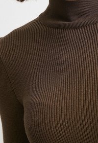 Ruskea ribbineulottu pooloneule vartalonmyötäisellä leikkauksella, jossa on sileä pinta ja korkea kaulus. Saumaton ilme hienovaraisilla pystysuorilla viivoilla.