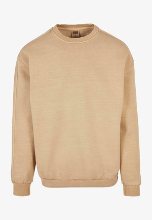 Beige crewneck-sweatshirt med lange ærmer, ribkant ved ærmer og kant, mærket Urban Classics, størrelse medium.