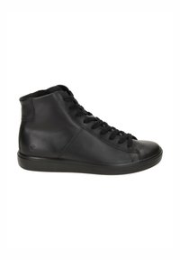 Black high-top sneakers made of smooth leather with a rubber sole, featuring a lace-up design and padded collar. No visible branding.