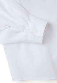White long-sleeve shirt featuring a button cuff, smooth texture, and a tailored fit, with subtle seam detailing near the sleeve.