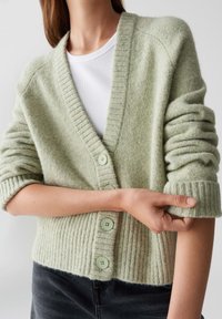 Lichtgroene, gebreide cardigan met een V-hals, geribbelde mouwen en vijf knopen. Heeft een zachte textuur en een relaxte fit, gelaagd over een wit topje.