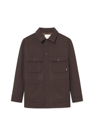Braun melierte Wolljacke mit Kragen, Knopfverschluss vorne, zwei Brusttaschen und zwei seitlichen Taschen. Glatte Textur mit einem strukturierten Design.