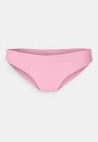 Parte de baixo de bikini rosa feita de tecido texturizado, apresentando um design de cintura baixa e cobertura moderada. Sem padrões adicionais ou hardware.