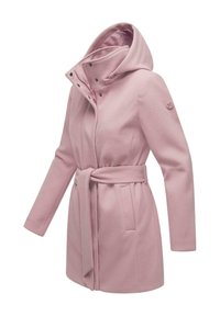 Light pink coat made of soft material. Features a high collar, adjustable hood, belted waist, and two front pockets.