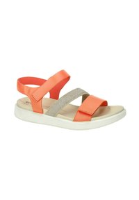 Orange synthetic strap sandals with a beige fabric band, featuring a white textured sole and adjustable Velcro closures.