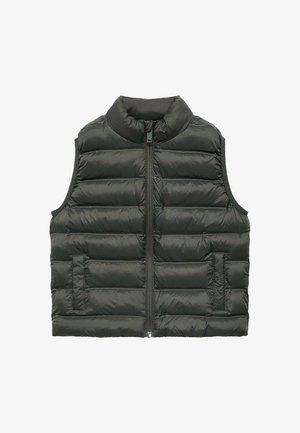 Bezrękawnik czarnej puchowej kamizelki z wysokim kołnierzem, przednim zamkiem błyskawicznym i dwoma bocznymi kieszeniami, zaprojektowany na ciepło i do noszenia na co dzień.