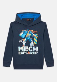 Jūras spēku zila kapuce ar spilgti zilu kapuces oderi, kurā ir krāsains robota grafiks un teksts "MEHĀNISKAIS IZPĒTĪTĀJS" ar planētas ikonu.