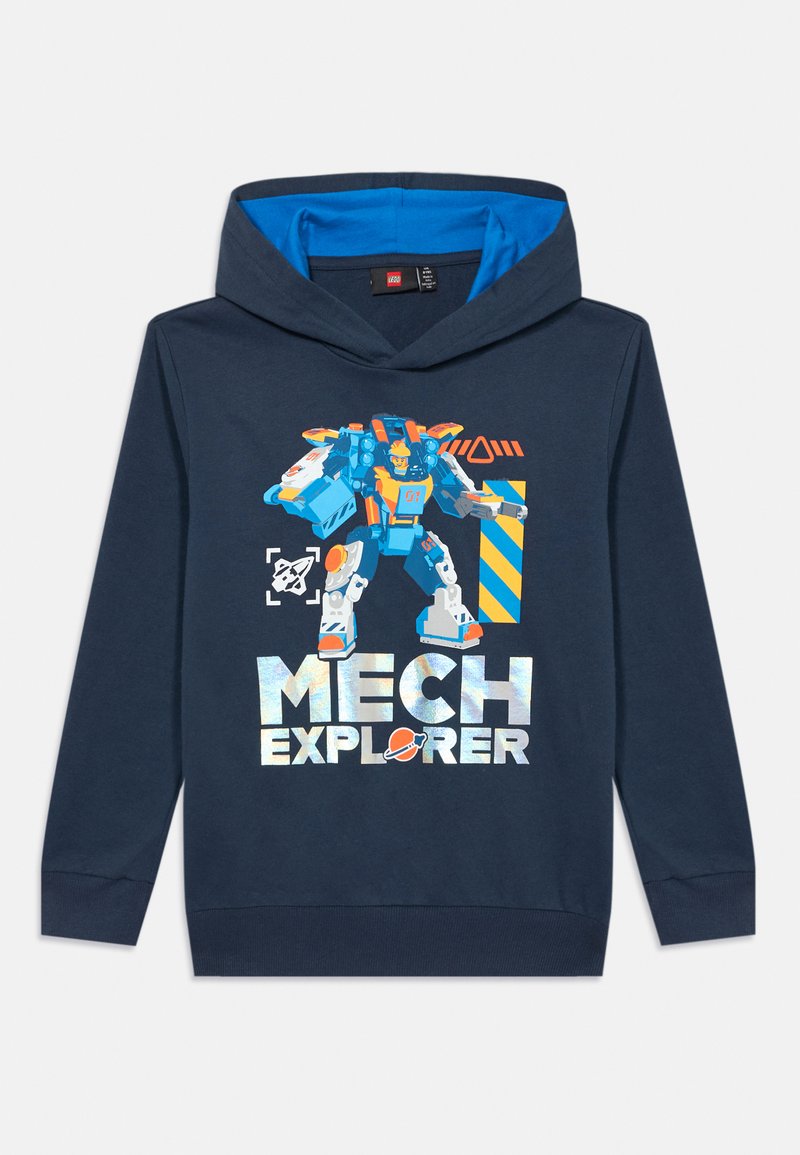 Sweatshirt azul marinho com forro da capuz em azul brilhante, apresentando um gráfico colorido de um robô e o texto "MECH EXPLORER" com um ícone de planeta.