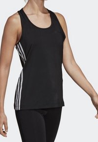 Black athletic tank top with racerback style, featuring three white stripes on each side, made from a smooth, lightweight fabric.