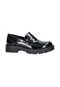 Black patent leather loafer with chunky treaded sole and decorative strap across the instep, shown in side profile on white background.