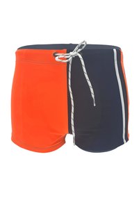 Shorts de bain bicolores avec une partie orange d'un côté et marine de l'autre. Fermeture à cordon avec un subtil accent rayé sur la couture.