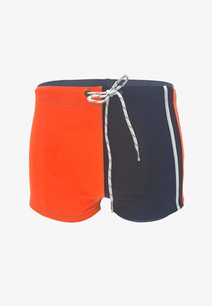 Zwei-Farben Badeshorts, mit Orange auf der einen Seite und Marineblau auf der anderen. Kordelzugverschluss mit einem dezenten Streifenakzent an der Naht.
