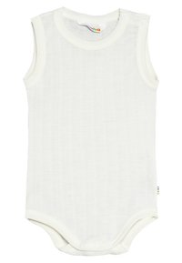 Vit ärmlös baby bodysuit tillverkad av mjukt, andningsbart material med en strukturerad yta, med tryckknappar vid axeln och botten.