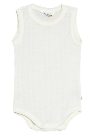 Bodysuit de bebé sin mangas en color blanco, hecho de un material suave y transpirable con un acabado texturizado, que cuenta con un cierre a presión en el hombro y en la parte inferior.