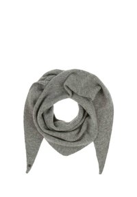 Fular gri din lână cu o textură moale, având un design răsucit și capete ascuțite, formând o formă de buclă în centru.