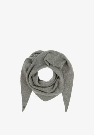 Fular gri din lână cu o textură moale, având un design răsucit și capete ascuțite, formând o formă de buclă în centru.