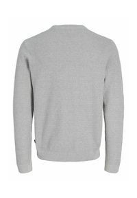 Pull tricoté gris clair à manches longues et col rond côtelé, vu de dos.