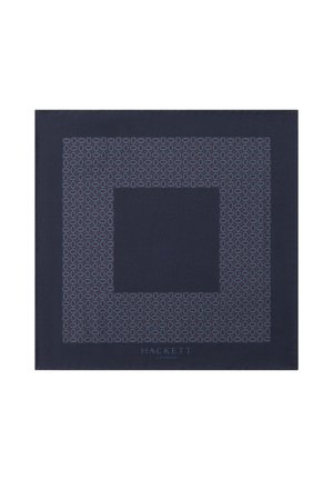 Navy blue notebook with a geometric pattern in lighter blue, featuring a central square design. "HACKETT LONDON" text at the bottom.