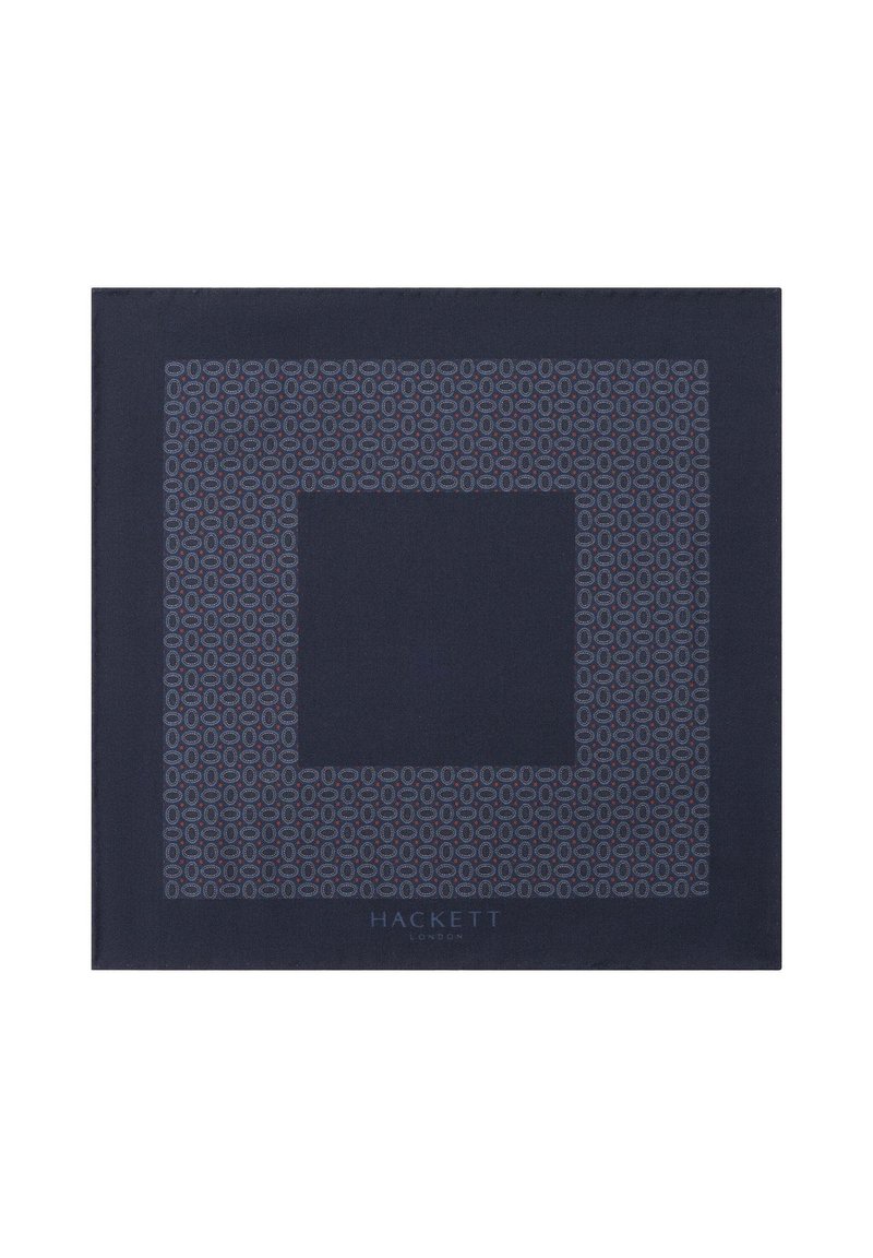 Quaderno blu navy con un motivo geometrico in blu chiaro, caratterizzato da un design centrale a forma di quadrato. Testo "HACKETT LONDON" nella parte inferiore.