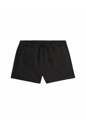 Short de bain noir pour homme avec ceinture élastique et cordon, coupe courte, avec un logo de marque discret sur la partie inférieure de la jambe droite.