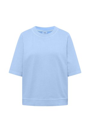 Sweat-shirt bleu clair à manches courtes avec col rond, col, poignets et ourlet côtelés, étiqueté "CECL" à l'intérieur du col.