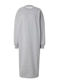 Graues Sweatshirtkleid mit langen Ärmeln, rundem Ausschnitt, gerippten Bündchen und oversize Passform, gefertigt aus weichem, strukturiertem Material.