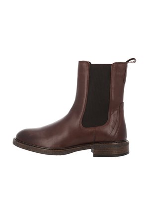 Bottines Chelsea en cuir marron avec des panneaux élastiques sur les côtés, bout arrondi et tirette, dotées d'une semelle texturée et d'un talon empilé.