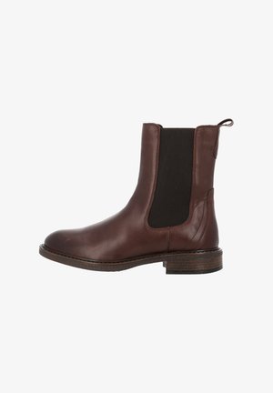 Braune Leder-Chelsea-Boots mit elastischen Seitenpaneelen, abgerundeter Zehenpartie und Zuglasche, ausgestattet mit einer strukturierten Sohle und einem gestapelten Absatz.