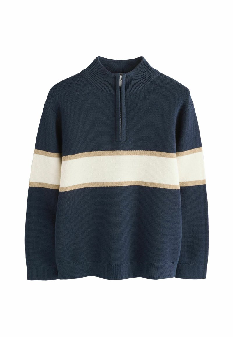 Maglione blu navy con colletto alto e breve cerniera. Presenta righe orizzontali crema e beige sul petto. Tessuto a maglia testurizzato.
