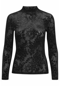 Maglia nera a maniche lunghe con collo alto realizzata in tessuto trasparente con un motivo floreale in velluto. Design morbido e aderente con collo alto.