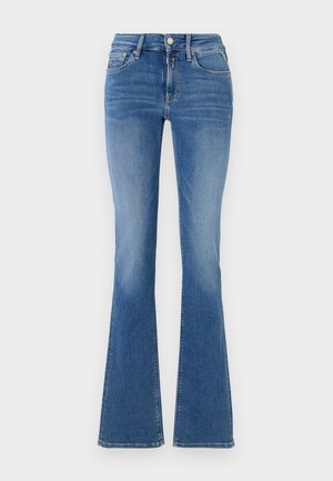 Blauwe denim hoge taille jeans met voorzakken, knoop- en ritssluiting, en flared pijpen.