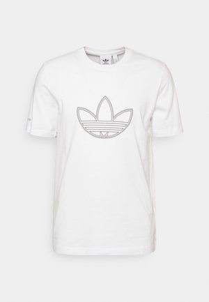 Biała koszulka Adidas z krótkim rękawem, okrągłym dekoltem i dużym szarym obrysowanym logo trefoil na środku przodu.