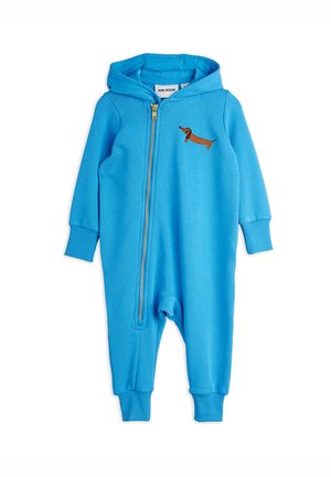 Blue cotton zip-up onesie with a hood, featuring a brown dachshund embroidery on the chest and ribbed cuffs at the sleeves and ankles.