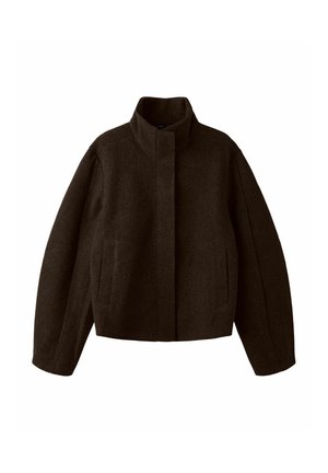 Veste en laine brun foncé à manches longues, col montant, fermeture frontale invisible et poches latérales, présentée sur fond blanc.