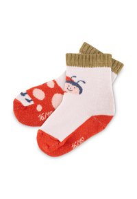 Colorful children's socks featuring a white base with a smiling ladybug graphic and red accents, including a polka dot pattern and olive green cuffs.