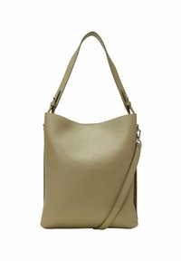 Sac à épaule en cuir, doux et texturé, de couleur vert clair. Il possède une seule anse, une bandoulière ajustable et une ouverture supérieure légèrement incurvée.