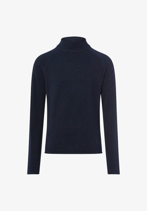 Granatowy sweter z golfem wykonany z teksturowanej tkaniny. Posiada długie rękawy i dopasowany krój. Prosty, czysty dekolt i dół.